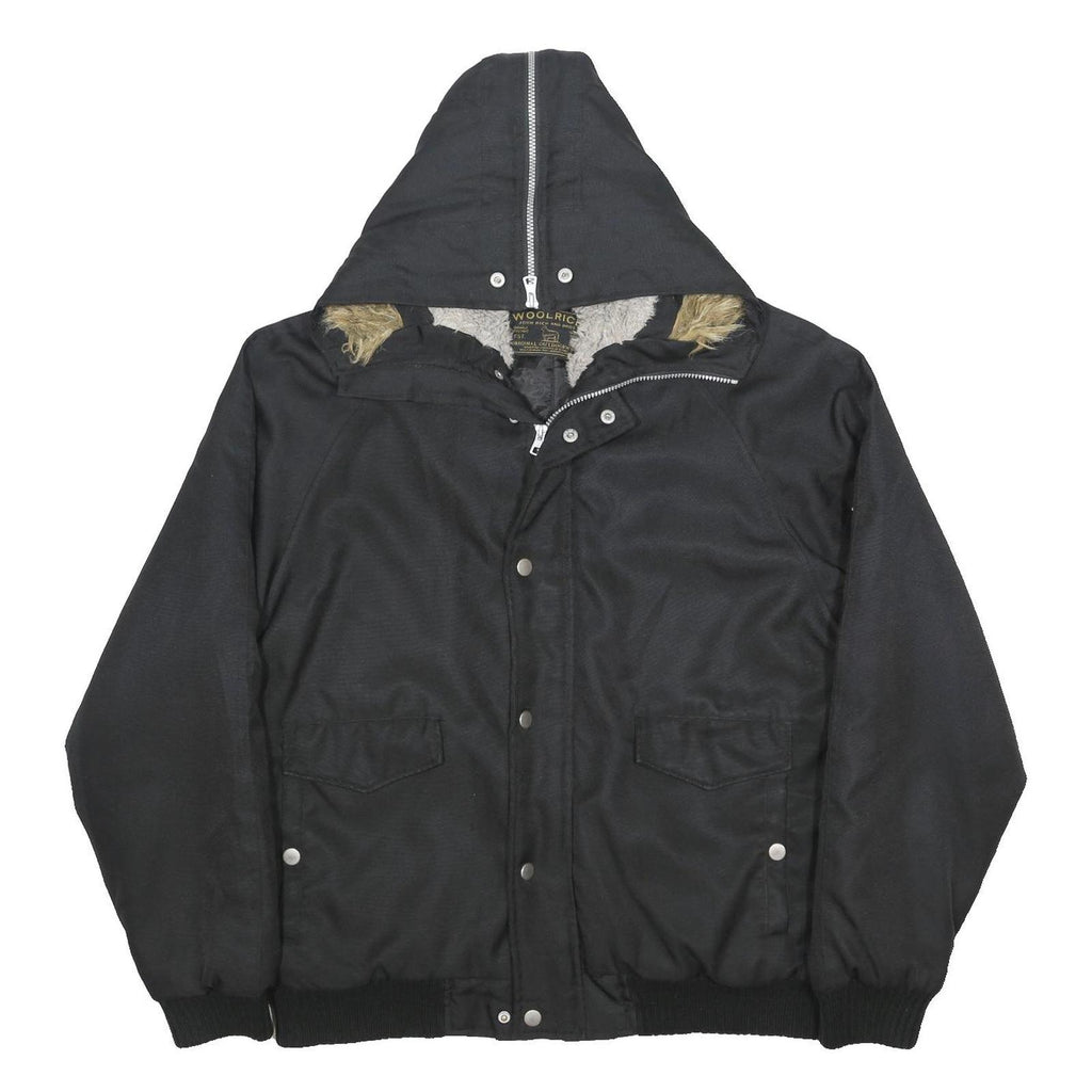 WOOLRICH Mens Black Synthetic Button Jacket XL Fur Trim Hood Sherpa Lining