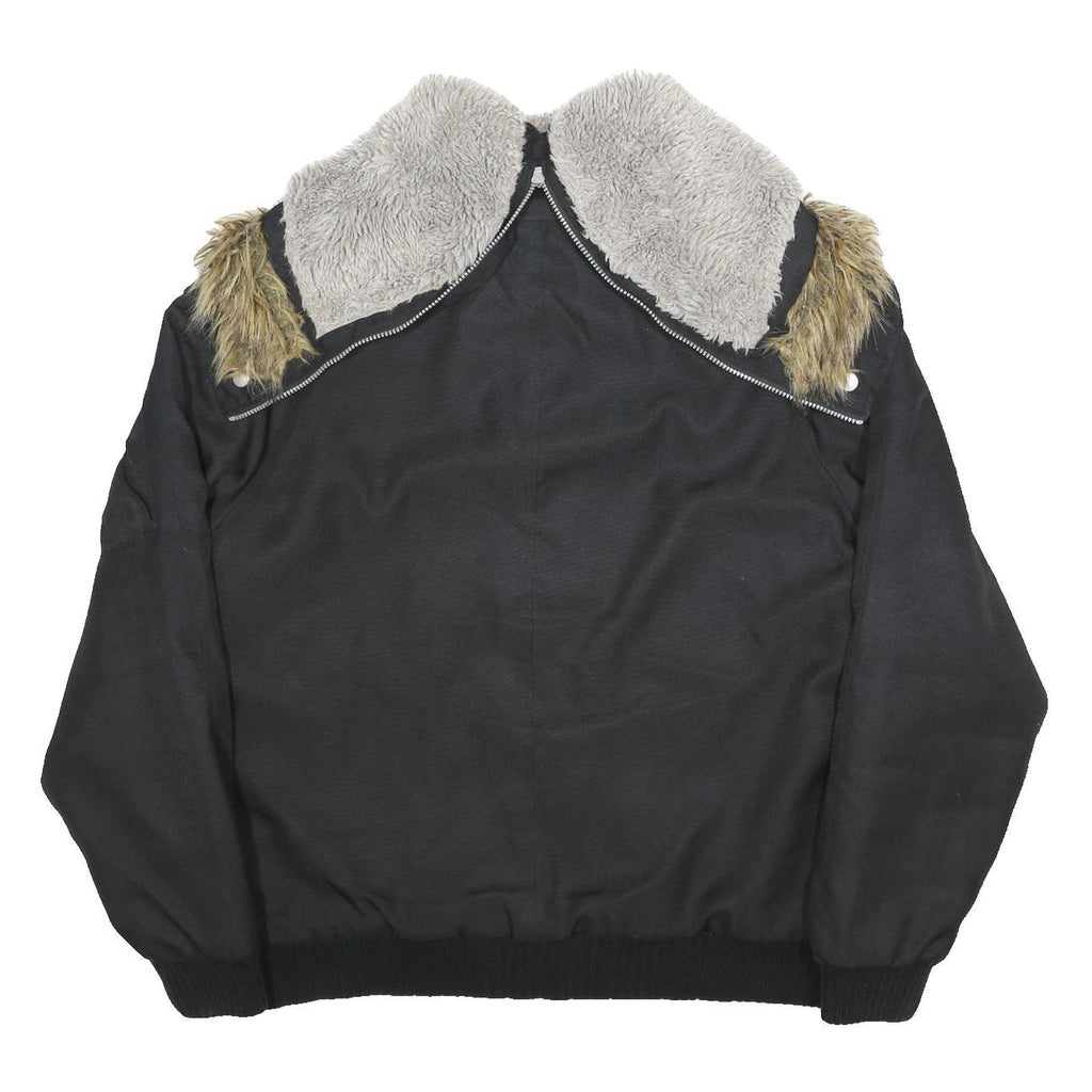 WOOLRICH Mens Black Synthetic Button Jacket XL Fur Trim Hood Sherpa Lining