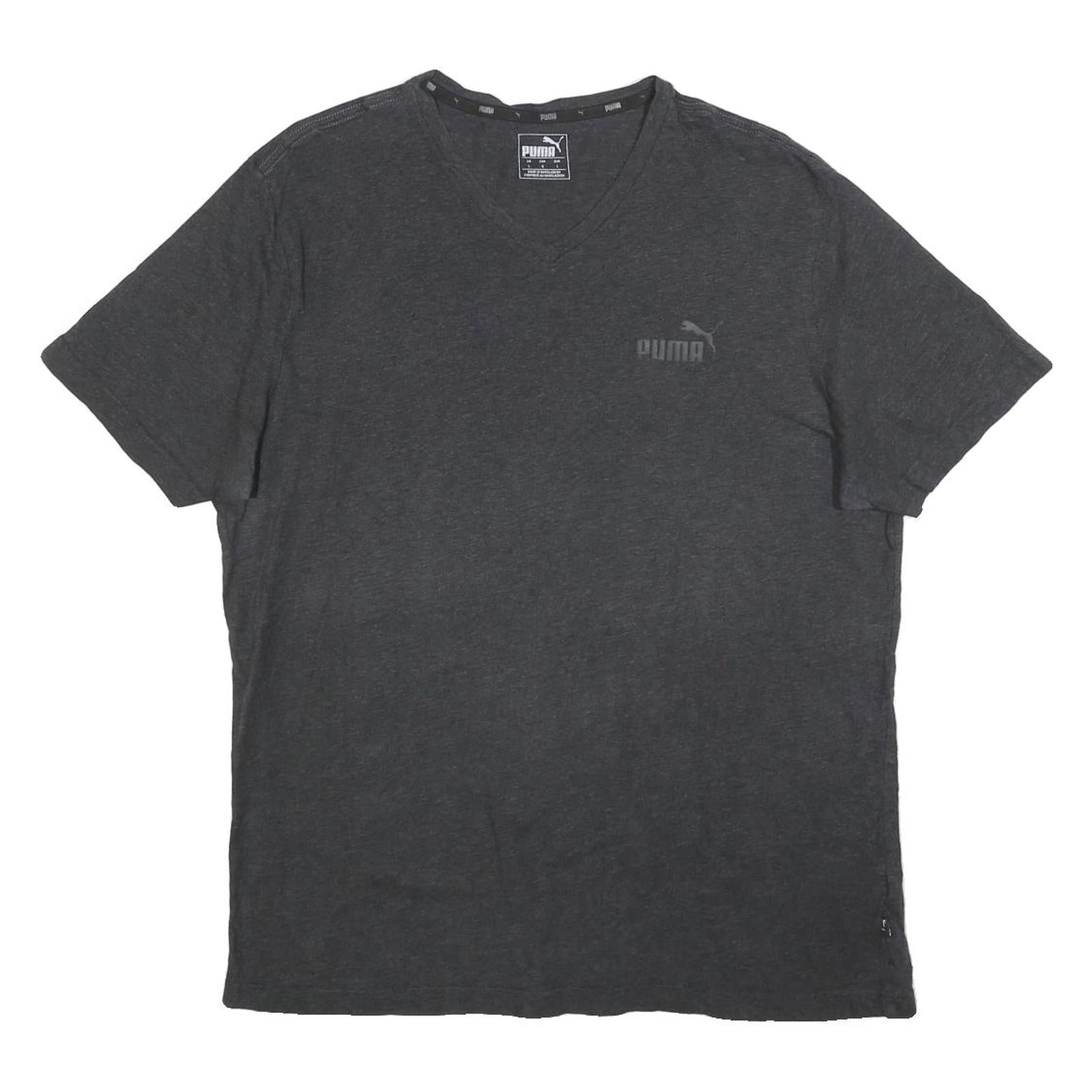 PUMA Mens Grey Cotton Blend T-Shirt L Short Sleeve V-Neck Logo Casual Wear