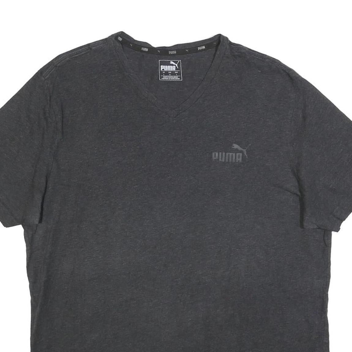 PUMA Mens Grey Cotton Blend T-Shirt L Short Sleeve V-Neck Logo Casual Wear