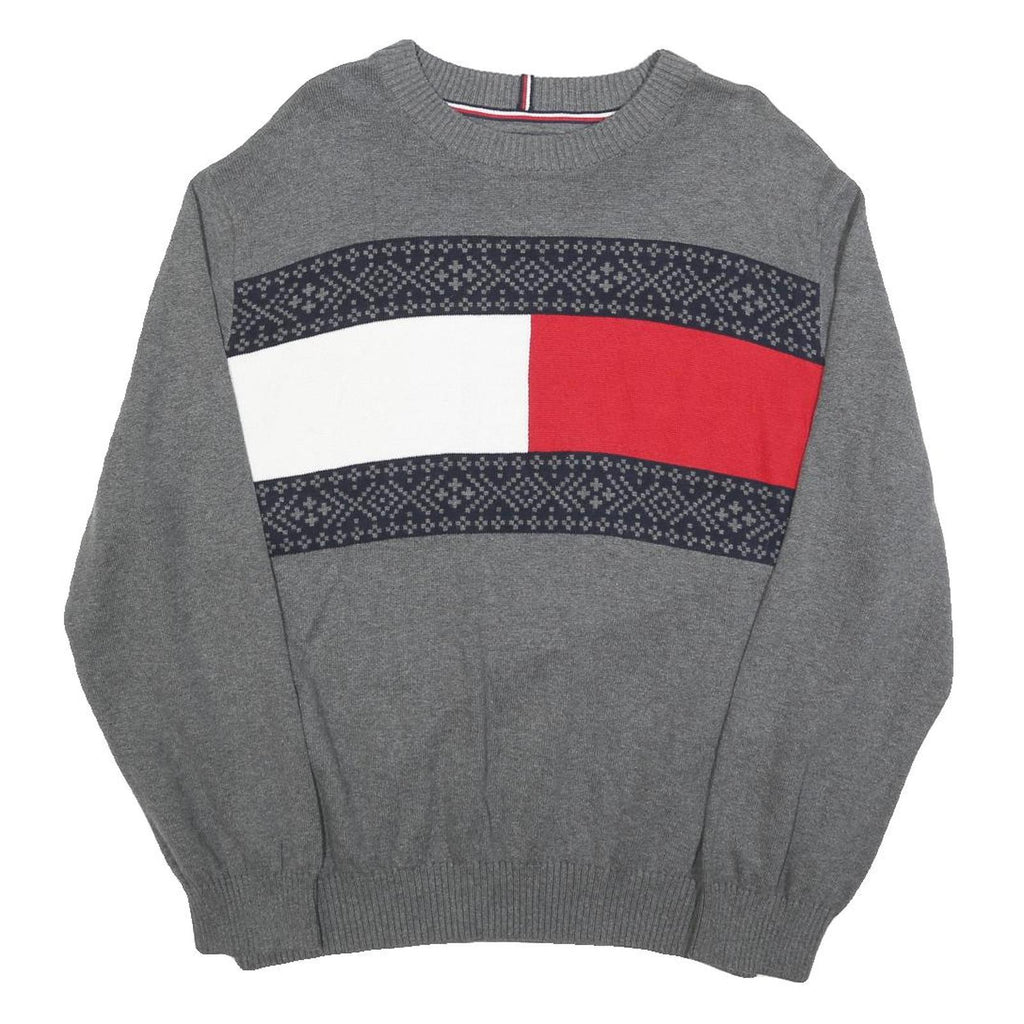 TOMMY HILFIGER Mens Grey Red & White Patterned Crew Neck Jumper Cotton Blend 2XL