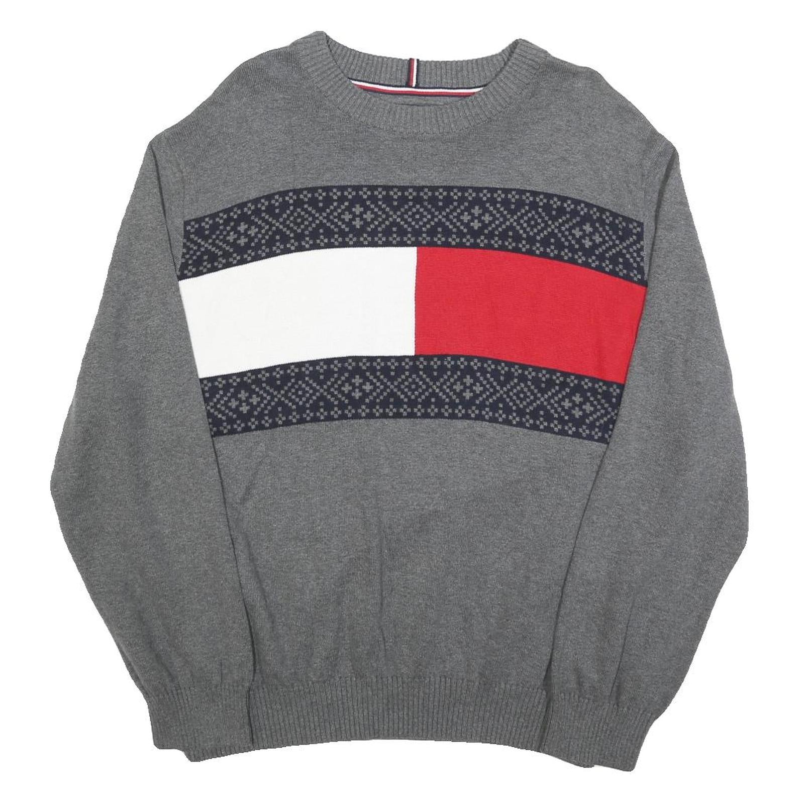 TOMMY HILFIGER Mens Grey Red & White Patterned Crew Neck Jumper Cotton Blend 2XL