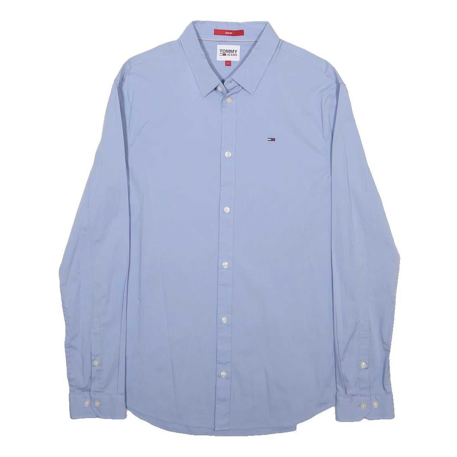 TOMMY JEANS Mens Blue Plain Shirt L Classic Button Down Long Sleeve Casual