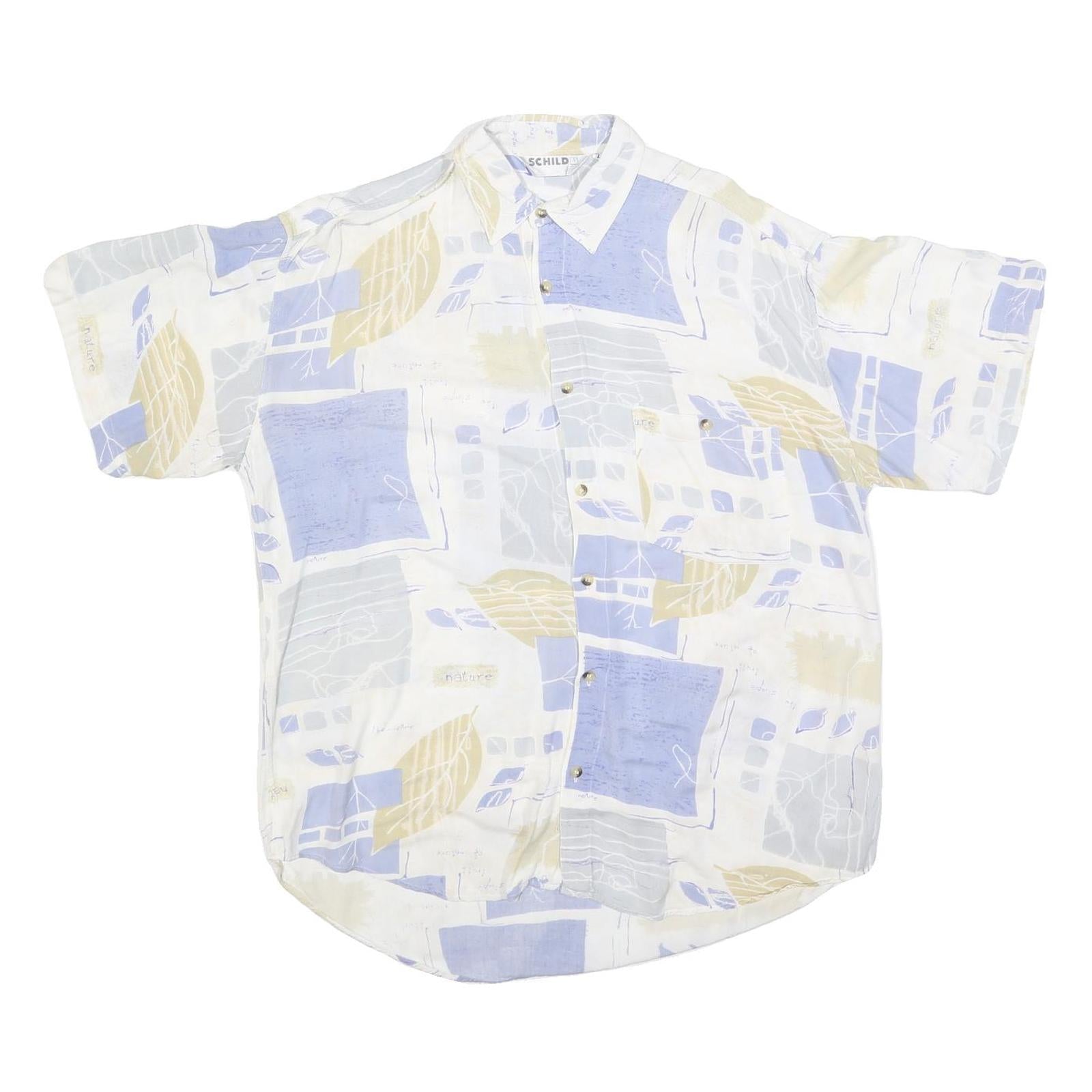 SCHILD Mens Cream & Blue Patterned Casual Shirt L Cotton Blend Short Sleeve