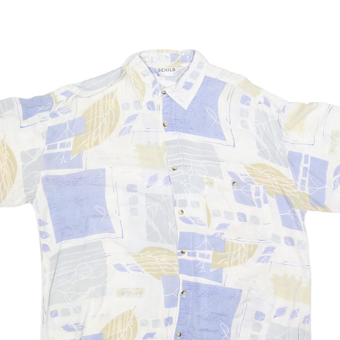 SCHILD Mens Cream & Blue Patterned Casual Shirt L Cotton Blend Short Sleeve
