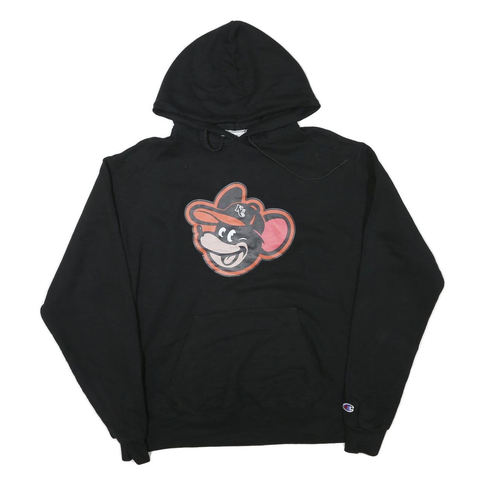 CHAMPION Mens Black Hoodie L Cartoon Graphic Print Pullover Sweatshirt