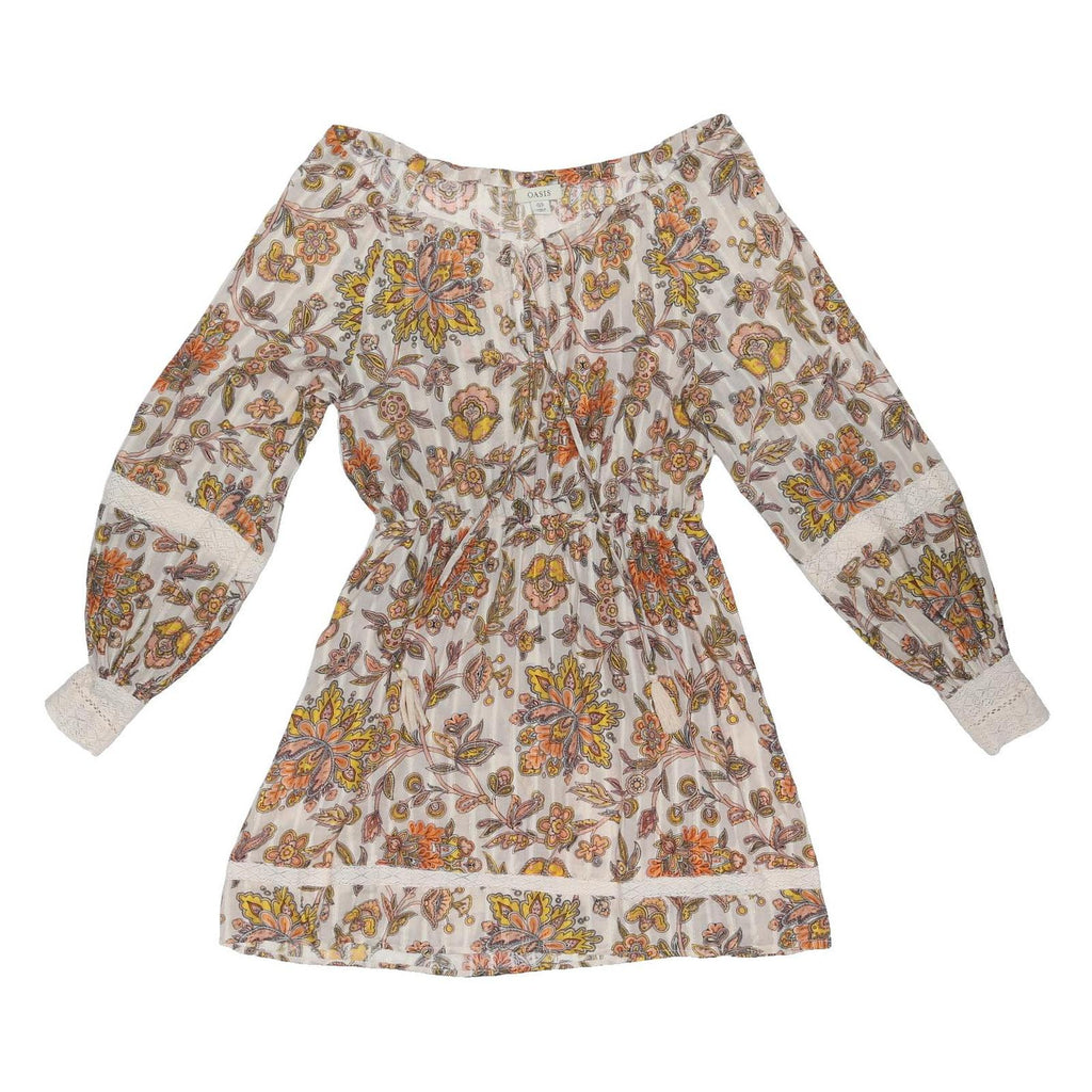 OASIS Womens Cream Floral Print Day Cotton Blend Mini Dress UK 10 Elastic Waist
