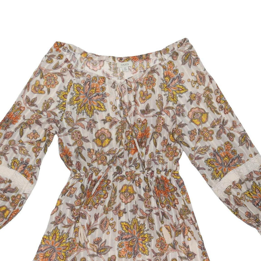 OASIS Womens Cream Floral Print Day Cotton Blend Mini Dress UK 10 Elastic Waist