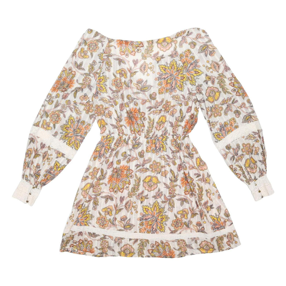 OASIS Womens Cream Floral Print Day Cotton Blend Mini Dress UK 10 Elastic Waist