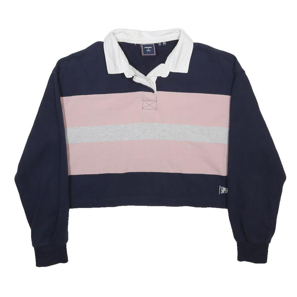 SUPERDRY Womens Navy & Pink Striped Long Sleeve Polo Shirt UK 10 Crop Top