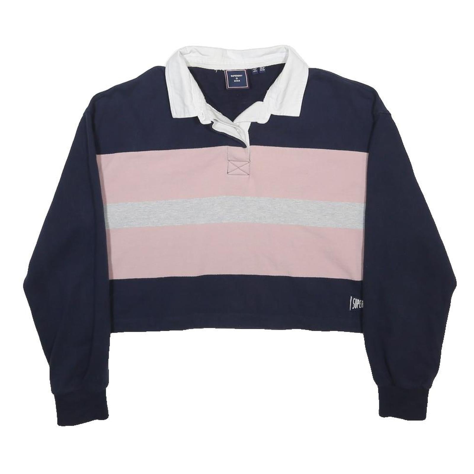 SUPERDRY Womens Navy & Pink Striped Long Sleeve Polo Shirt UK 10 Crop Top