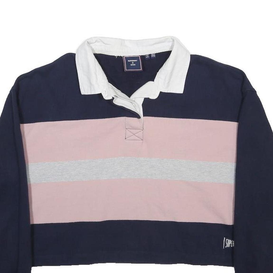 SUPERDRY Womens Navy & Pink Striped Long Sleeve Polo Shirt UK 10 Crop Top
