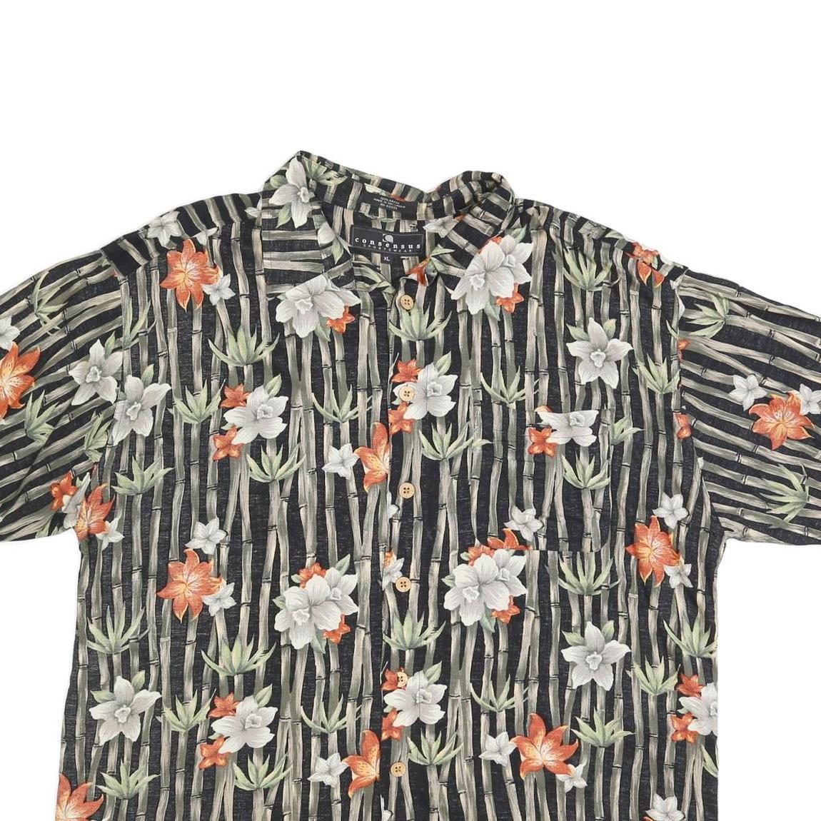 CONSENSUS Mens Black Green & Orange Floral Cotton Blend Shirt XL Summer Casual