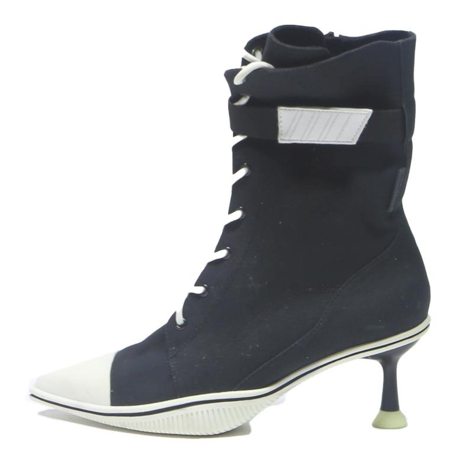 CHARLES & KEITH Womens Lace-Up Ankle Boots Black & White Canvas UK 3.5 Stylish