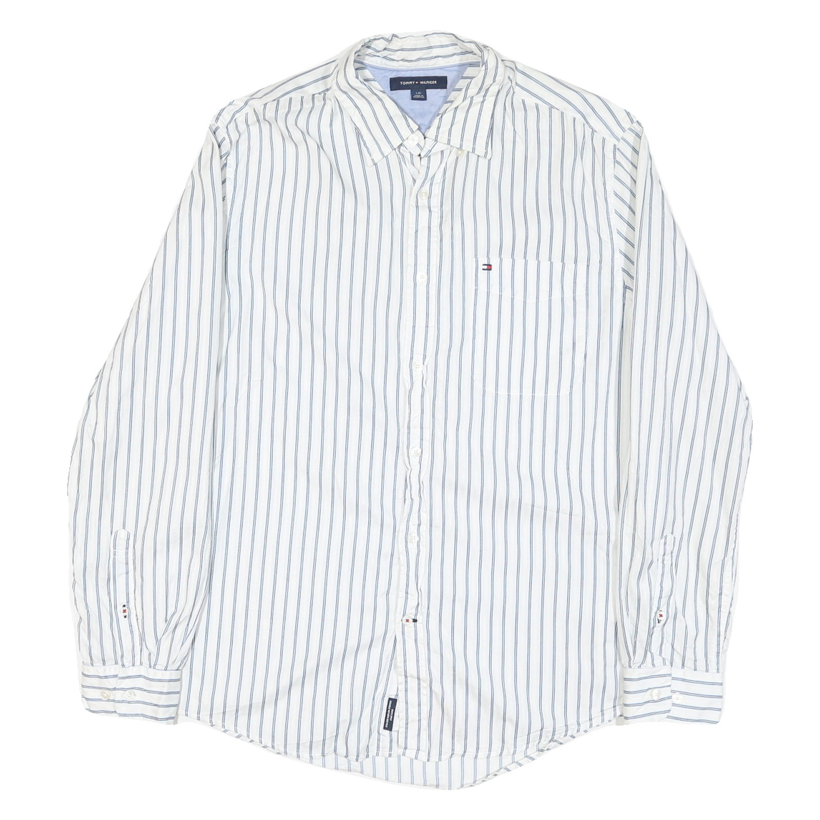 TOMMY HILFIGER Mens White & Blue Stripe Shirt L Casual Cotton Blend Long Sleeve