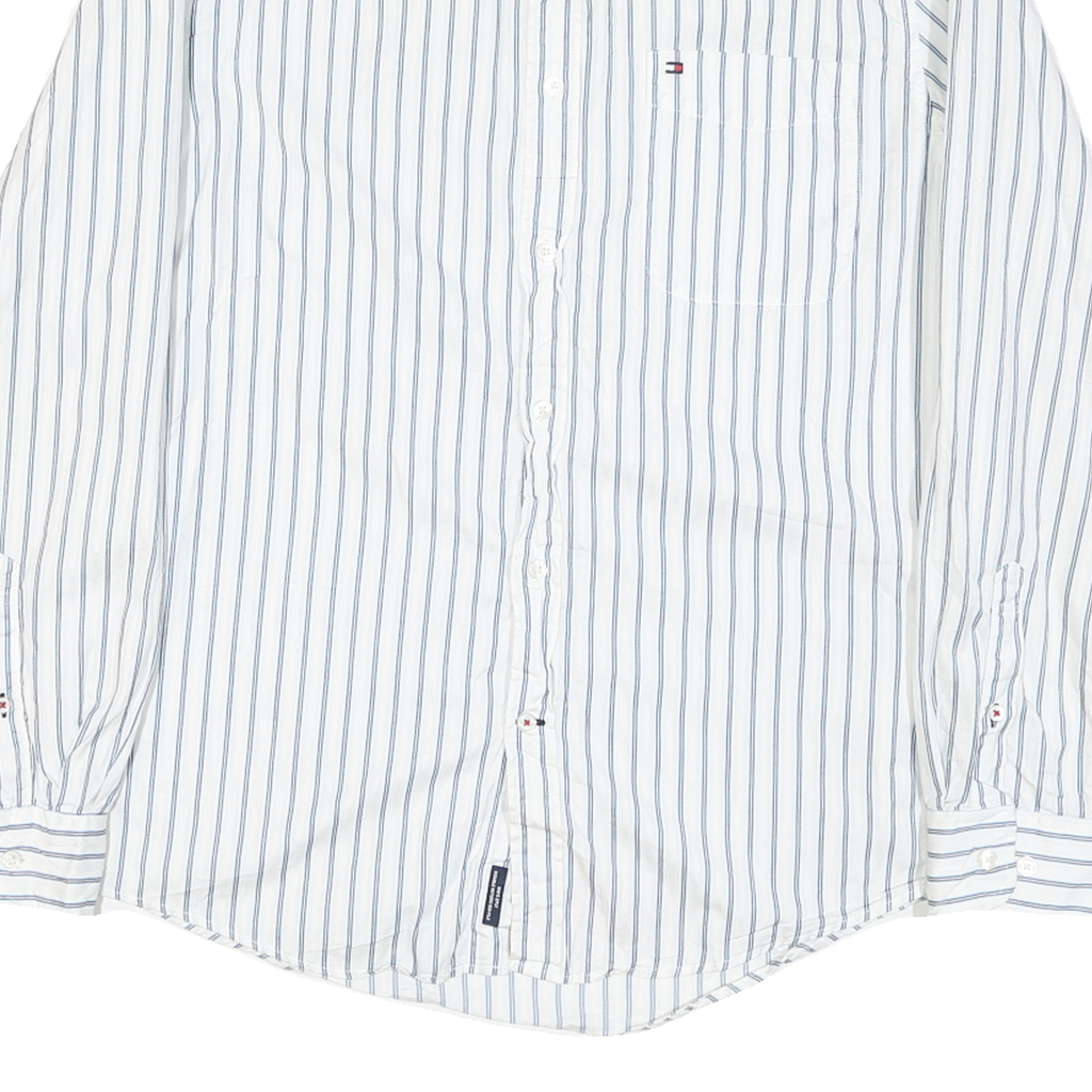 TOMMY HILFIGER Mens White & Blue Stripe Shirt L Casual Cotton Blend Long Sleeve