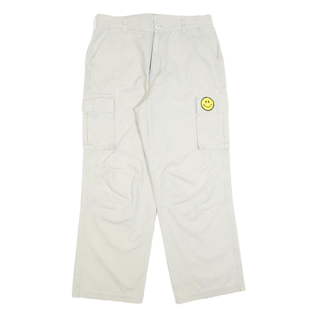 Mens Cotton Blend Relaxed White Cargo Trousers W30 L30 Smiley Patch Pocket