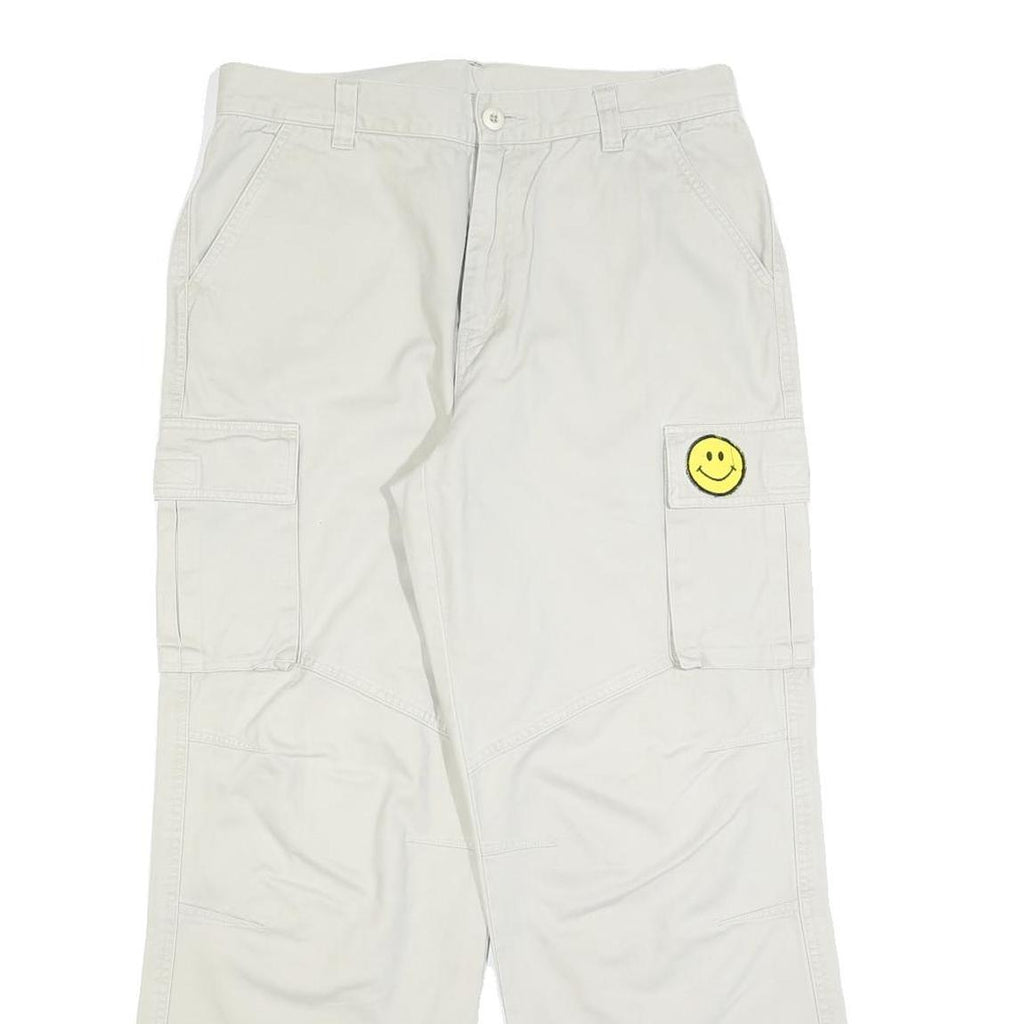 Mens Cotton Blend Relaxed White Cargo Trousers W30 L30 Smiley Patch Pocket