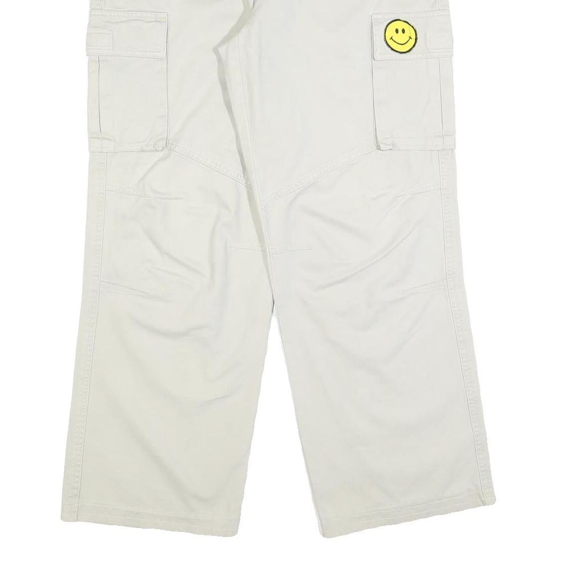 Mens Cotton Blend Relaxed White Cargo Trousers W30 L30 Smiley Patch Pocket