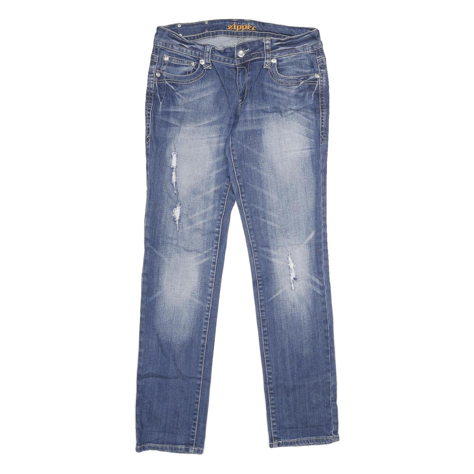 ZIPPER Womens Relaxed Blue Denim Light W32 L32 Distressed Zip Jeans