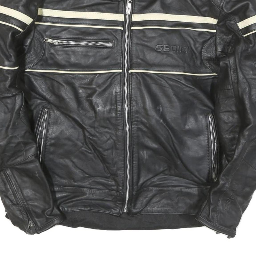 SEDICI Womens Black & Cream Leather Biker Jacket M Zip Sporty Striped Racing