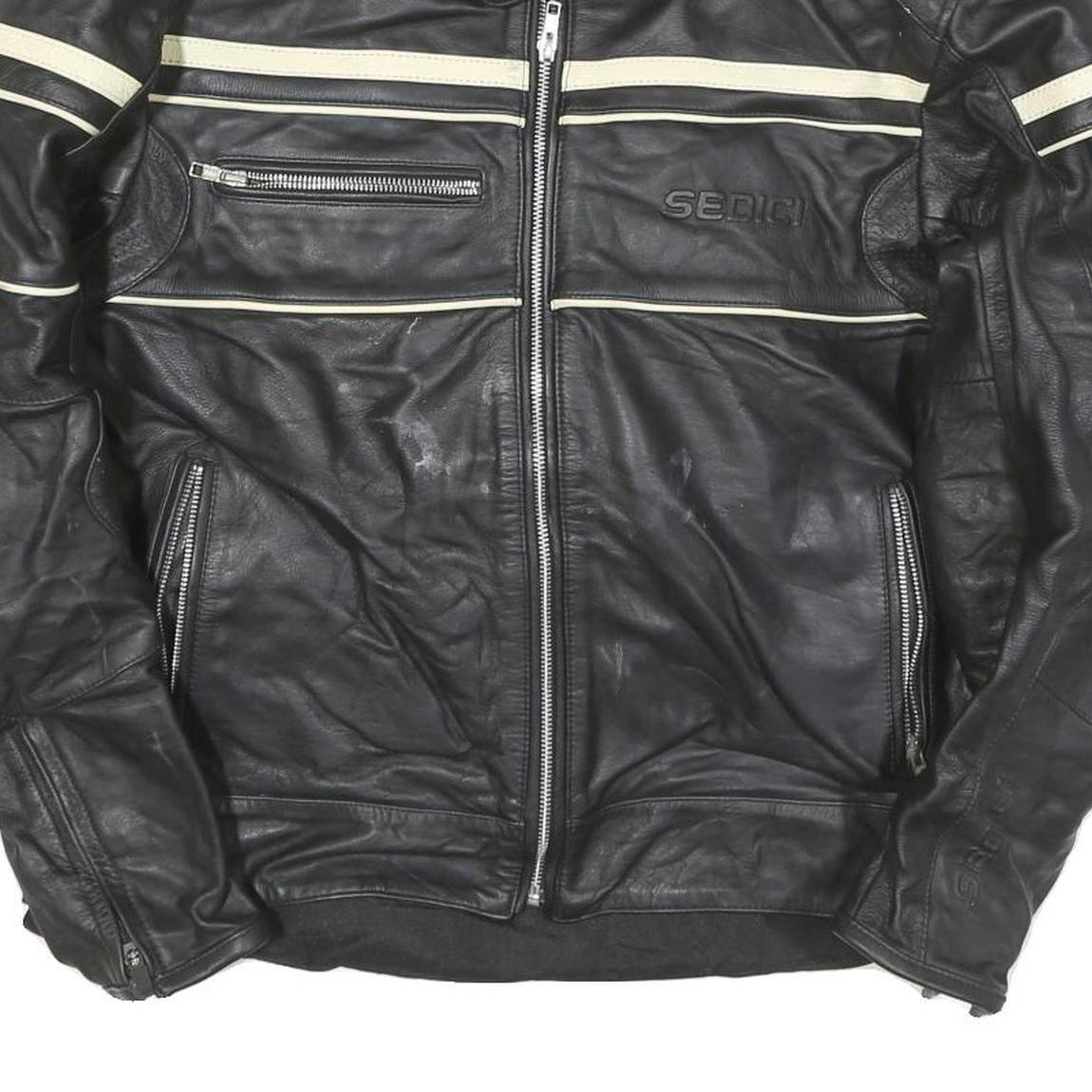 SEDICI Womens Black & Cream Leather Biker Jacket M Zip Sporty Striped Racing