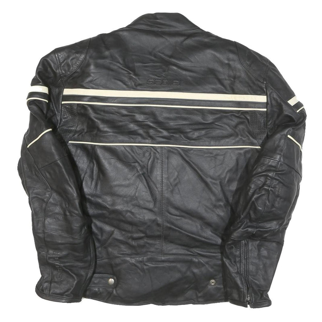 SEDICI Womens Black & Cream Leather Biker Jacket M Zip Sporty Striped Racing