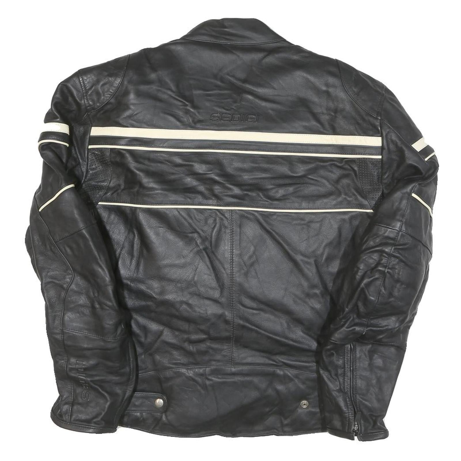 SEDICI Womens Black & Cream Leather Biker Jacket M Zip Sporty Striped Racing