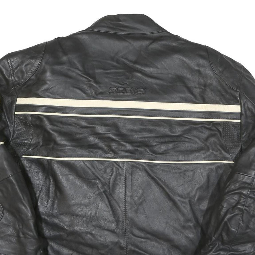 SEDICI Womens Black & Cream Leather Biker Jacket M Zip Sporty Striped Racing