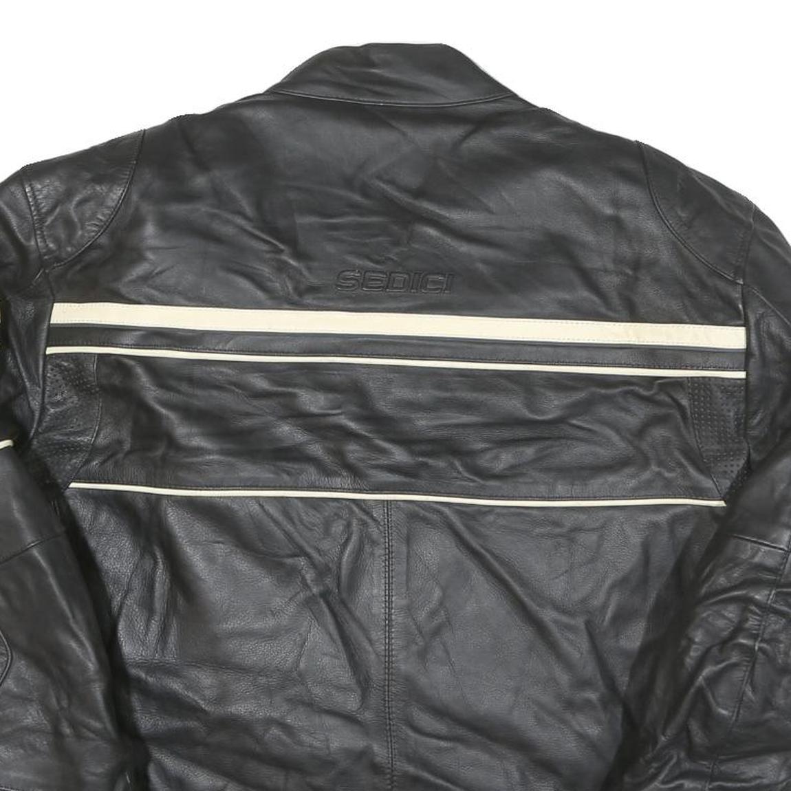 SEDICI Womens Black & Cream Leather Biker Jacket M Zip Sporty Striped Racing