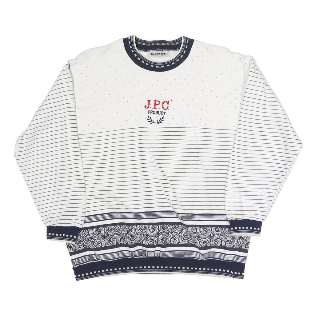 JEAN PASCALE Womens White & Navy Patterned Crew Neck Sweatshirt S Casual Cotton