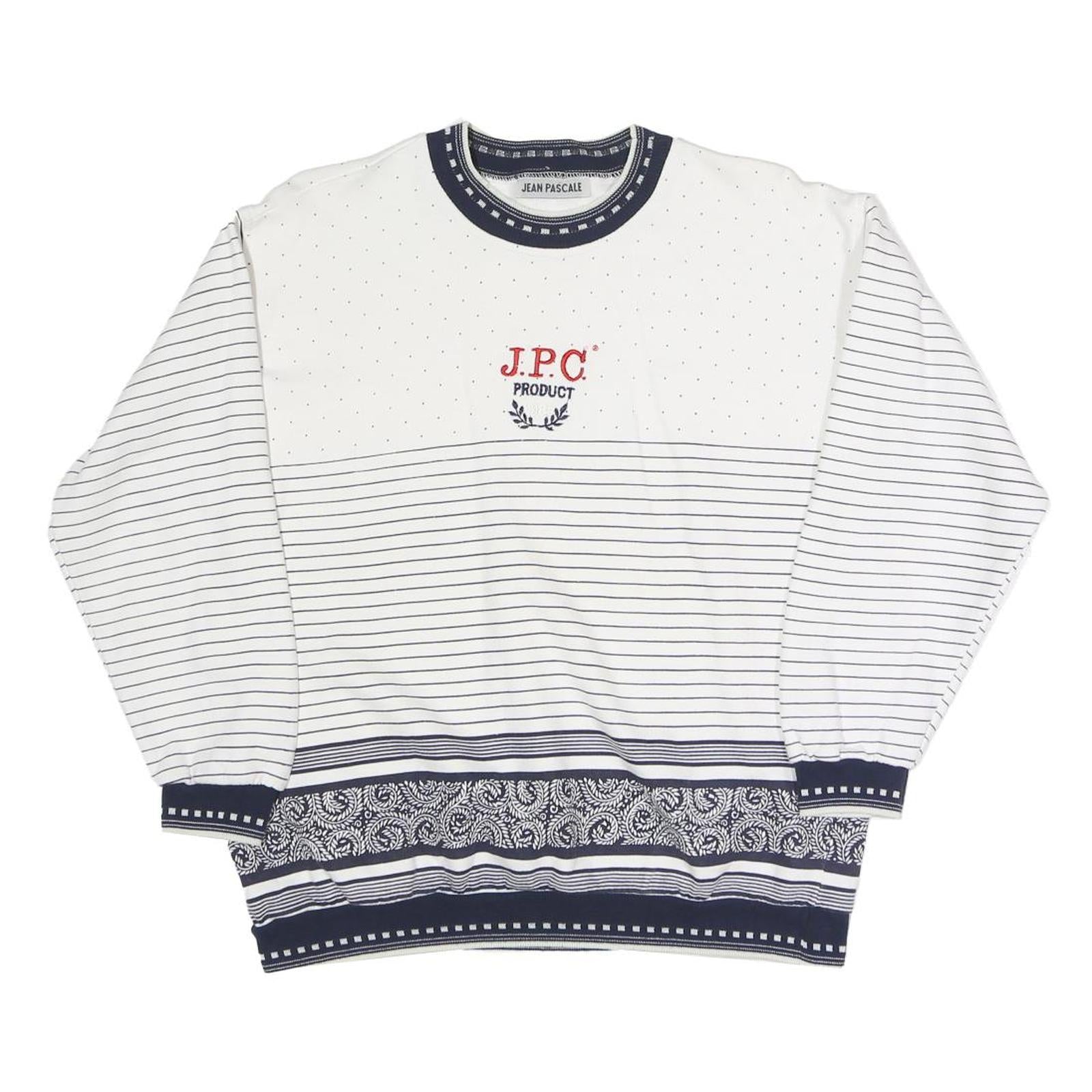 JEAN PASCALE Womens White & Navy Patterned Crew Neck Sweatshirt S Casual Cotton