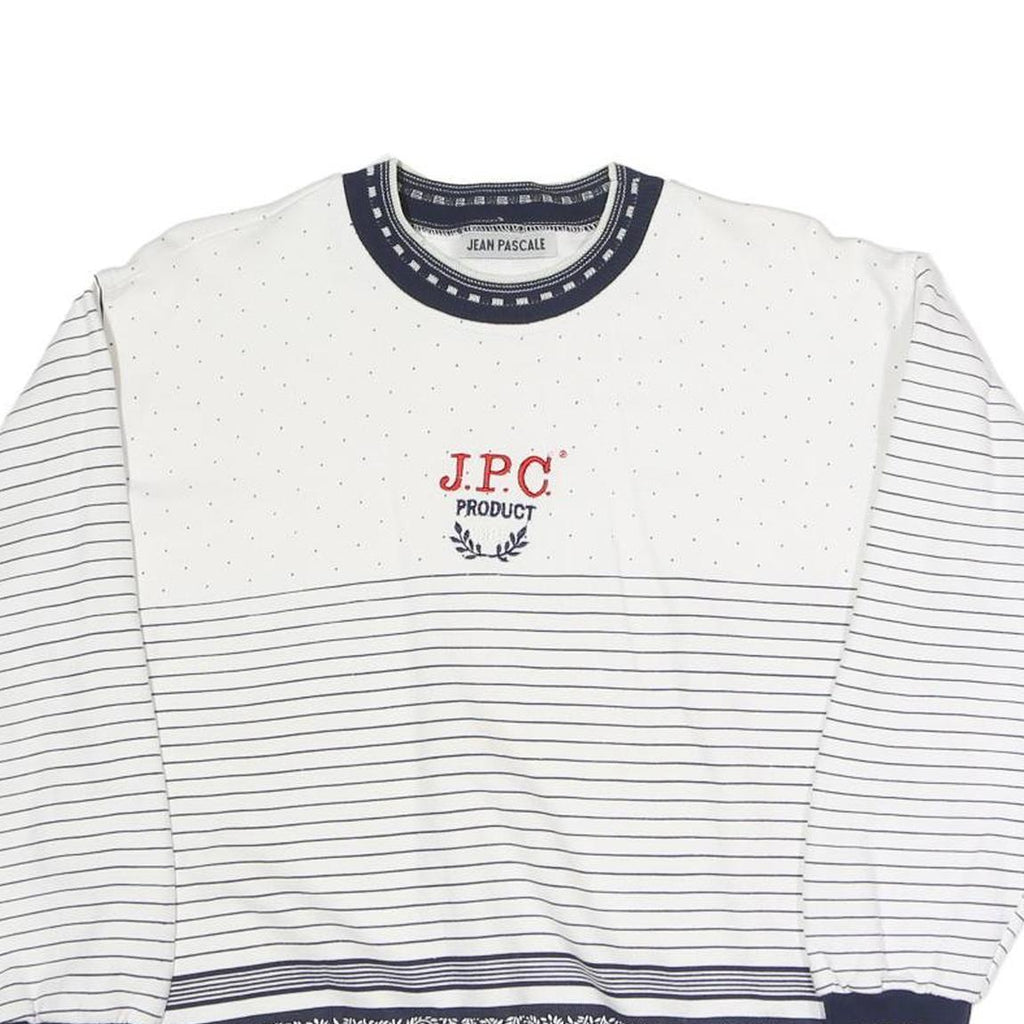 JEAN PASCALE Womens White & Navy Patterned Crew Neck Sweatshirt S Casual Cotton
