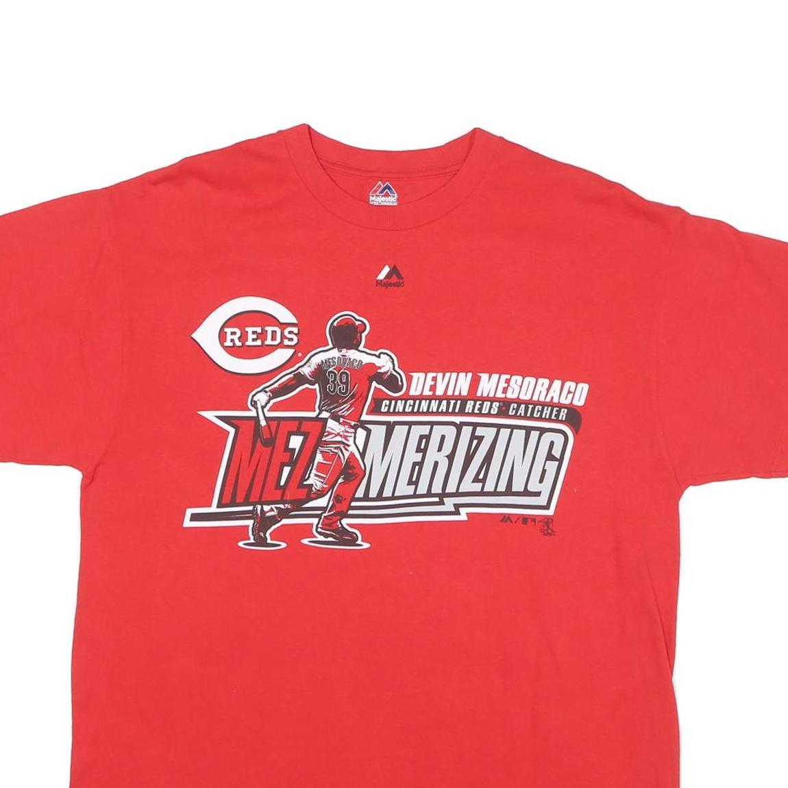 MAJESTIC Mens Red Cincinnati Reds Devin Mesoraco Graphic T-Shirt L Short Sleeve