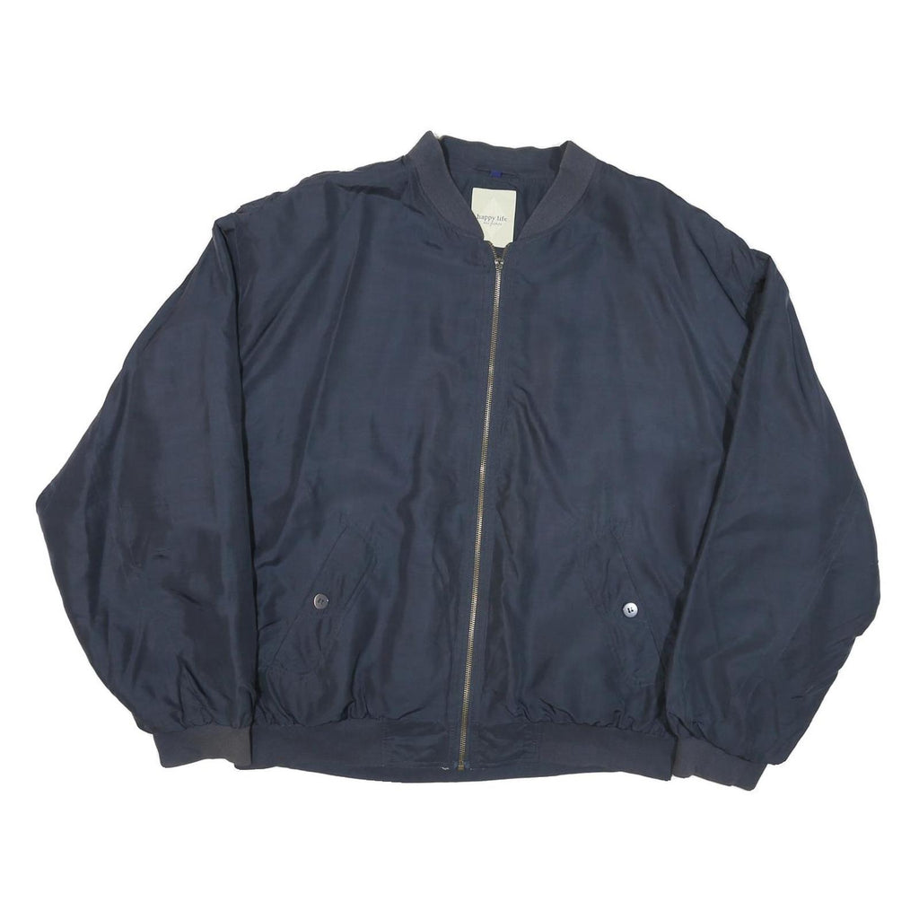 HAPPY LIFE Mens Navy Blue Bomber Jacket L Polyester Blend Plain Zip Casual