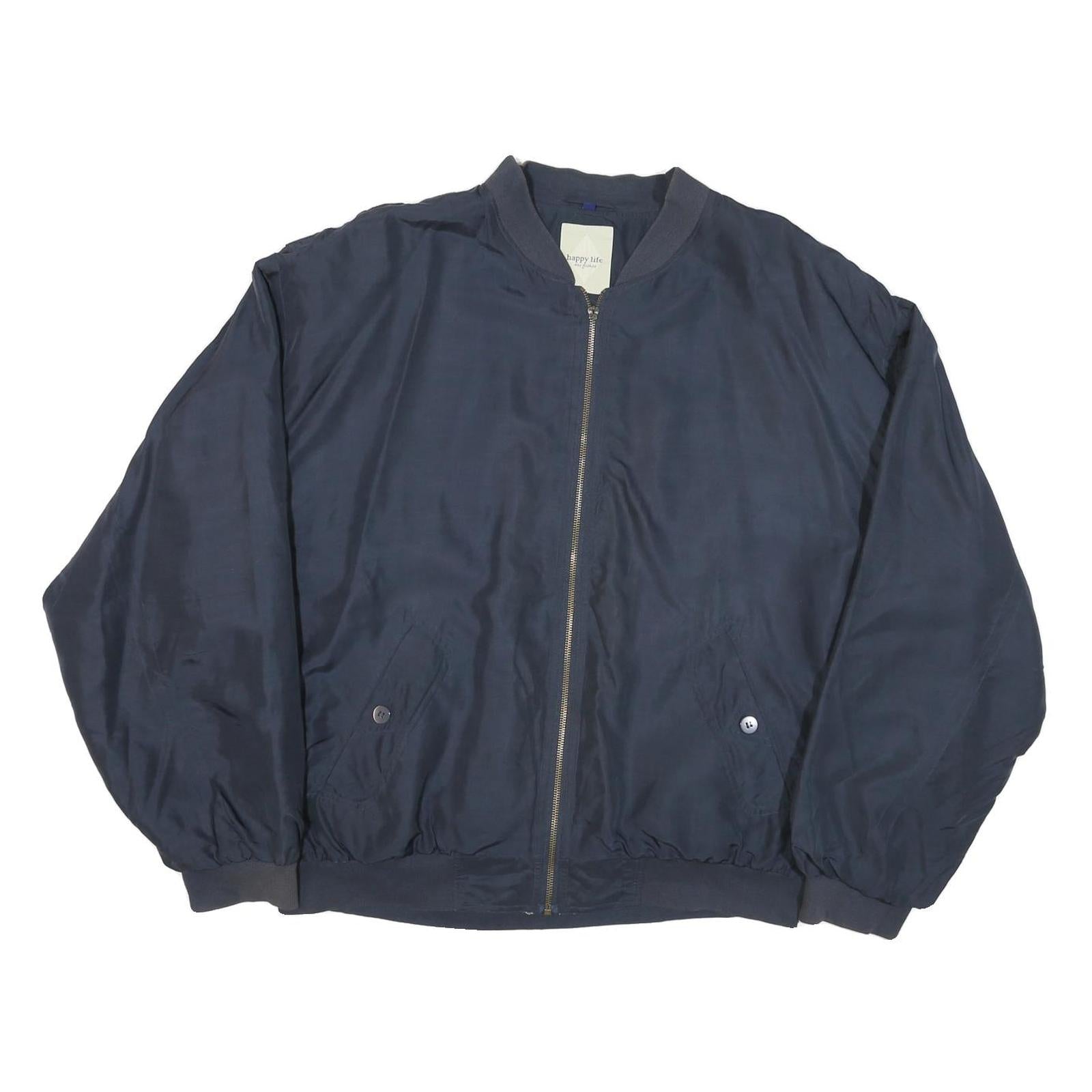 HAPPY LIFE Mens Navy Blue Bomber Jacket L Polyester Blend Plain Zip Casual