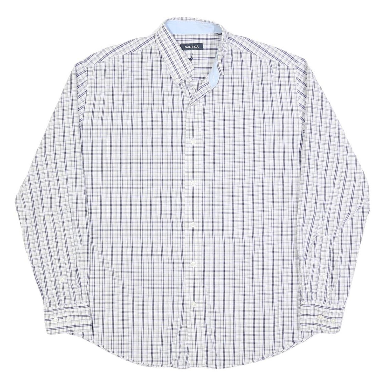 NAUTICA Mens White & Blue Check Shirt L Long Sleeve Button Cotton Blend Casual