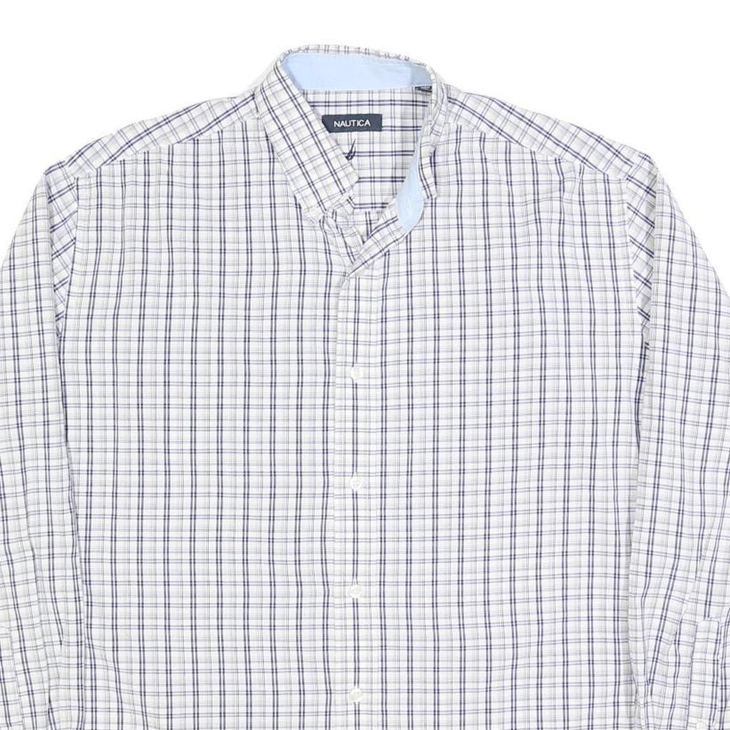 NAUTICA Mens White & Blue Check Shirt L Long Sleeve Button Cotton Blend Casual