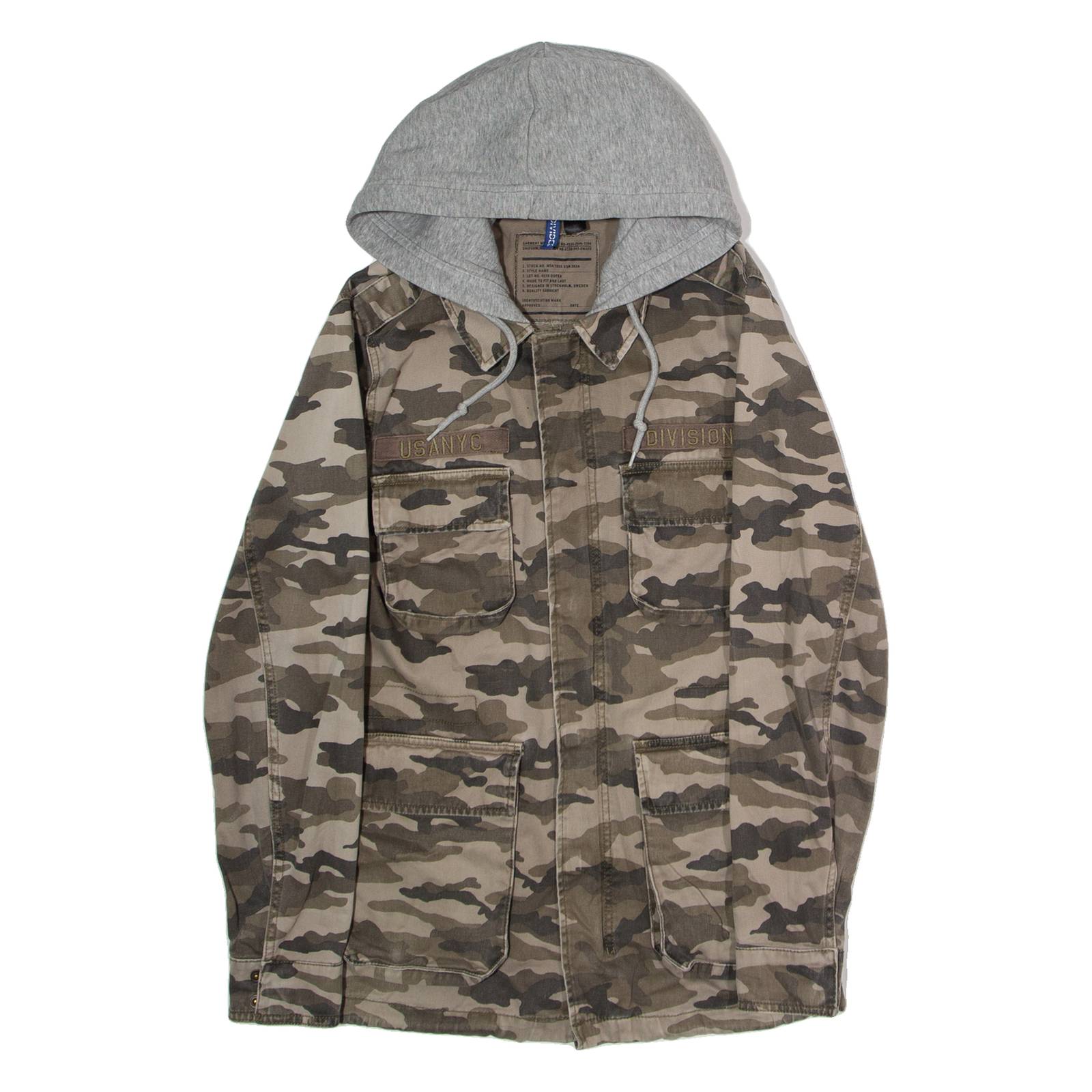H&M DIVIDED Mens Military Jacket Beige Twill Hooded Camouflage S