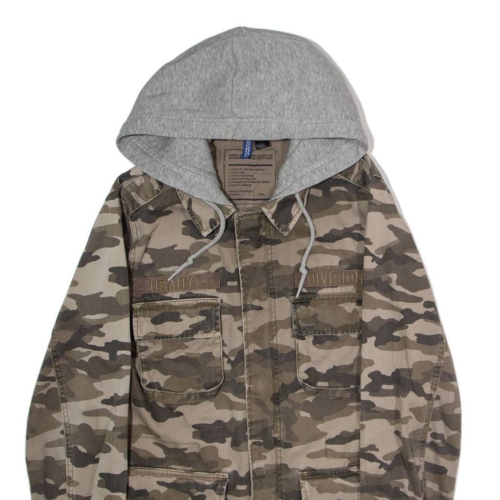 H&M DIVIDED Mens Military Jacket Beige Twill Hooded Camouflage S