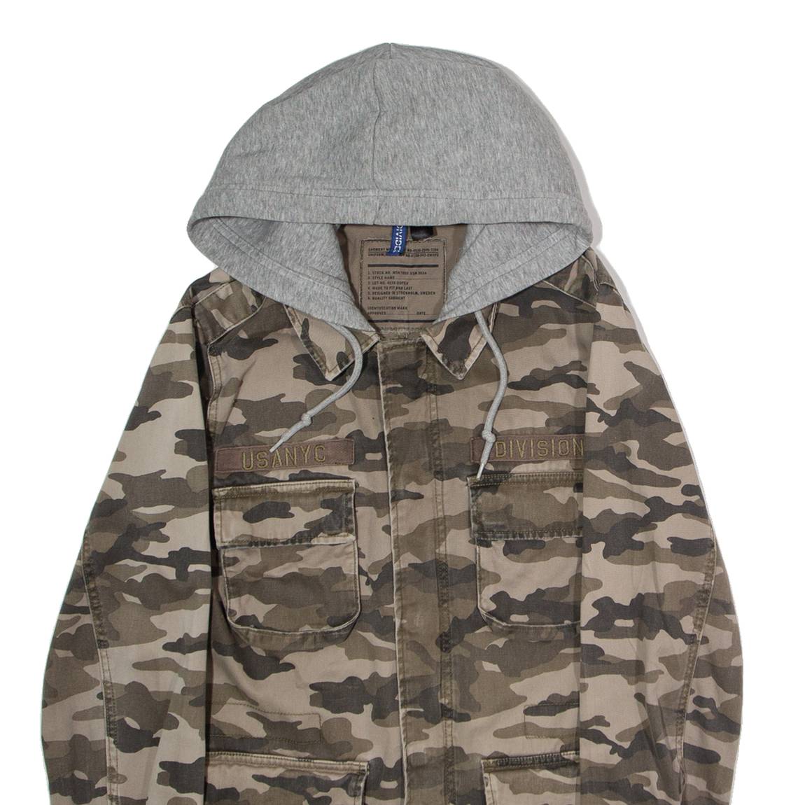 H&M DIVIDED Mens Military Jacket Beige Twill Hooded Camouflage S