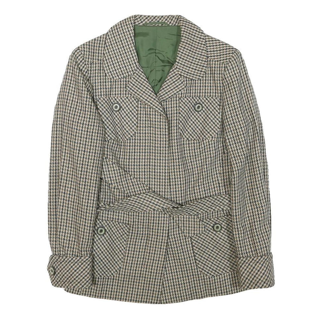 Womens Beige & Brown Checked Wool Blend Jacket XS Woven Button Pocket Belted