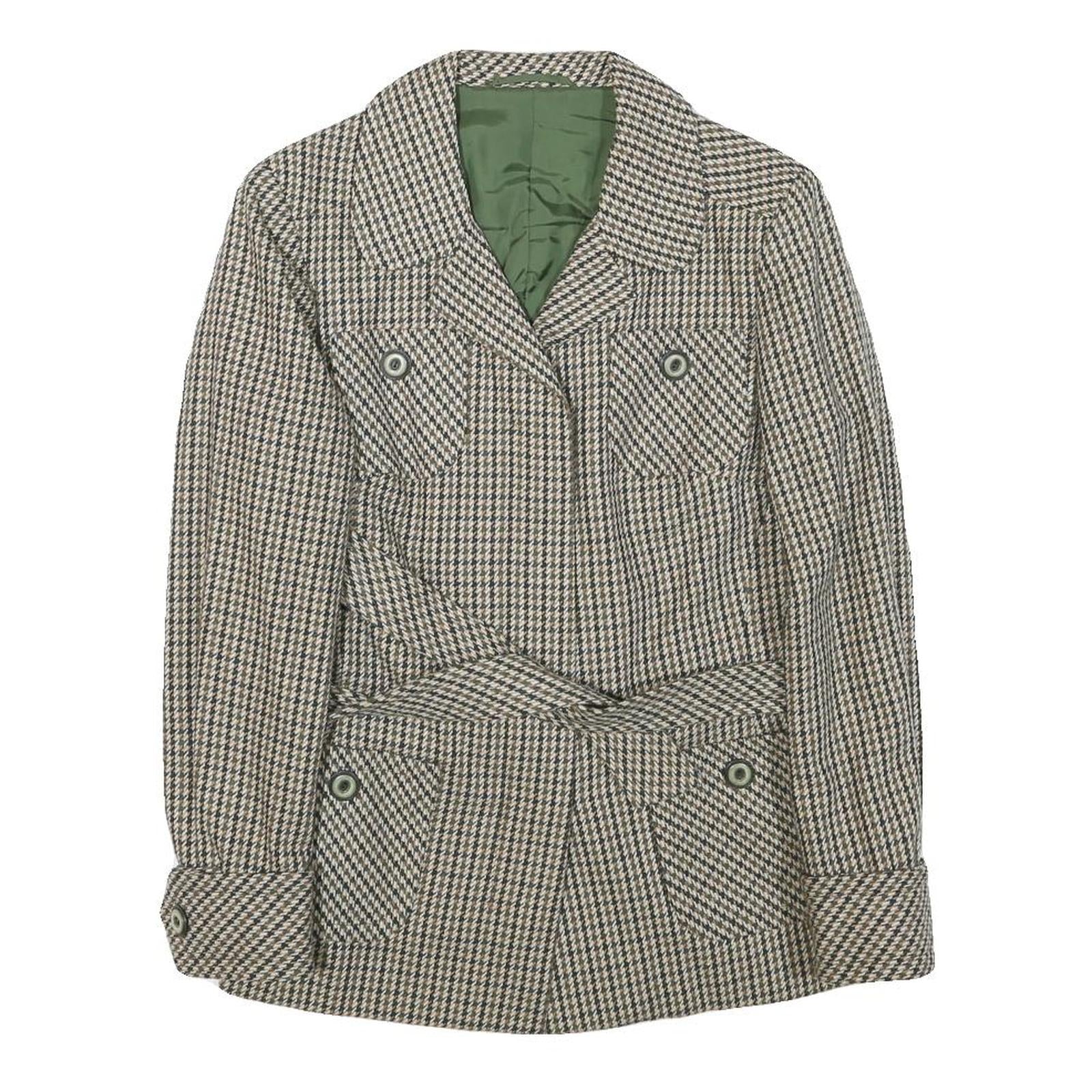 Womens Beige & Brown Checked Wool Blend Jacket XS Woven Button Pocket Belted