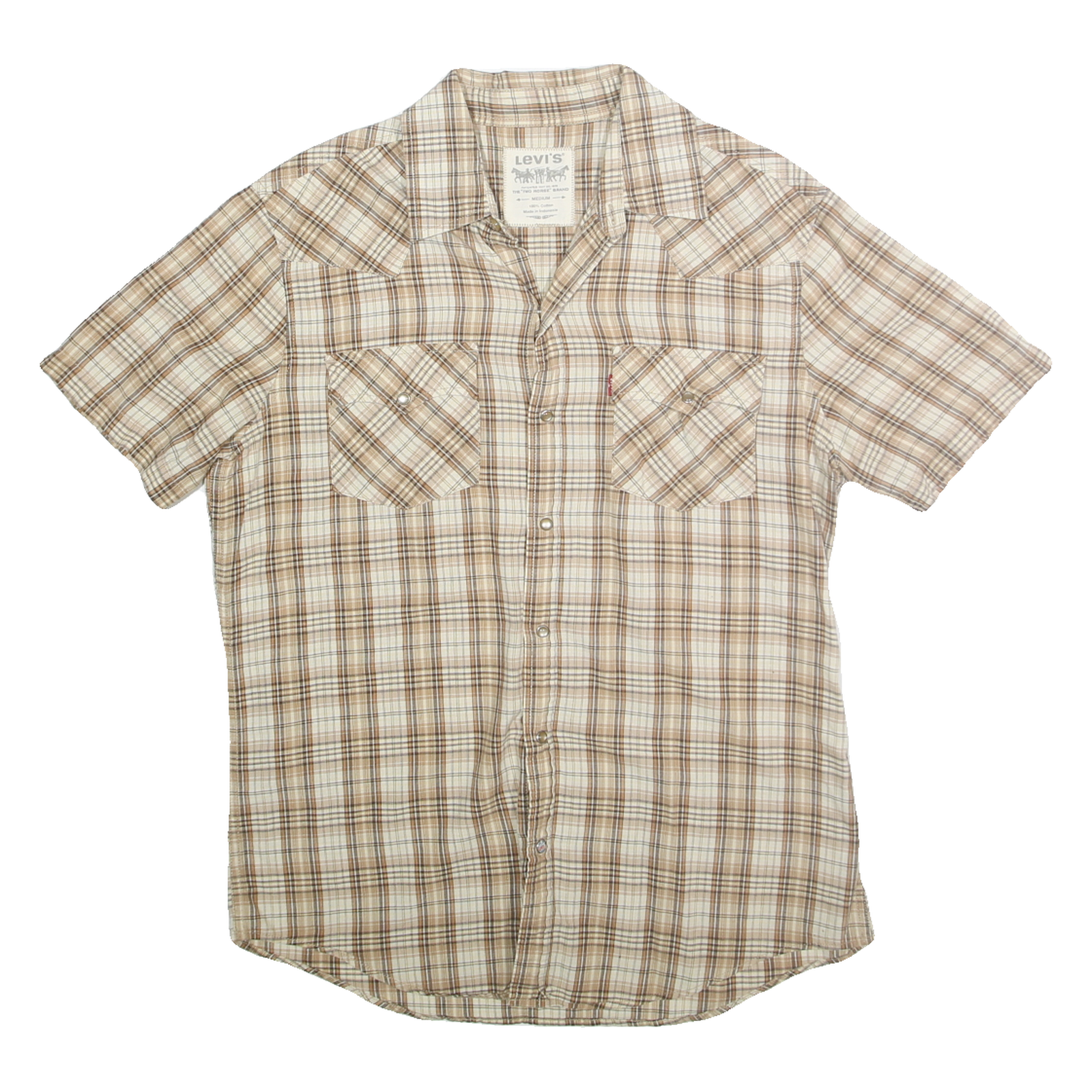LEVI'S Mens Beige & Brown Check Casual Shirt M Short Sleeve Cotton