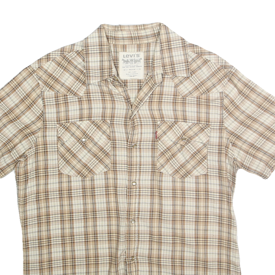 LEVI'S Mens Beige & Brown Check Casual Shirt M Short Sleeve Cotton