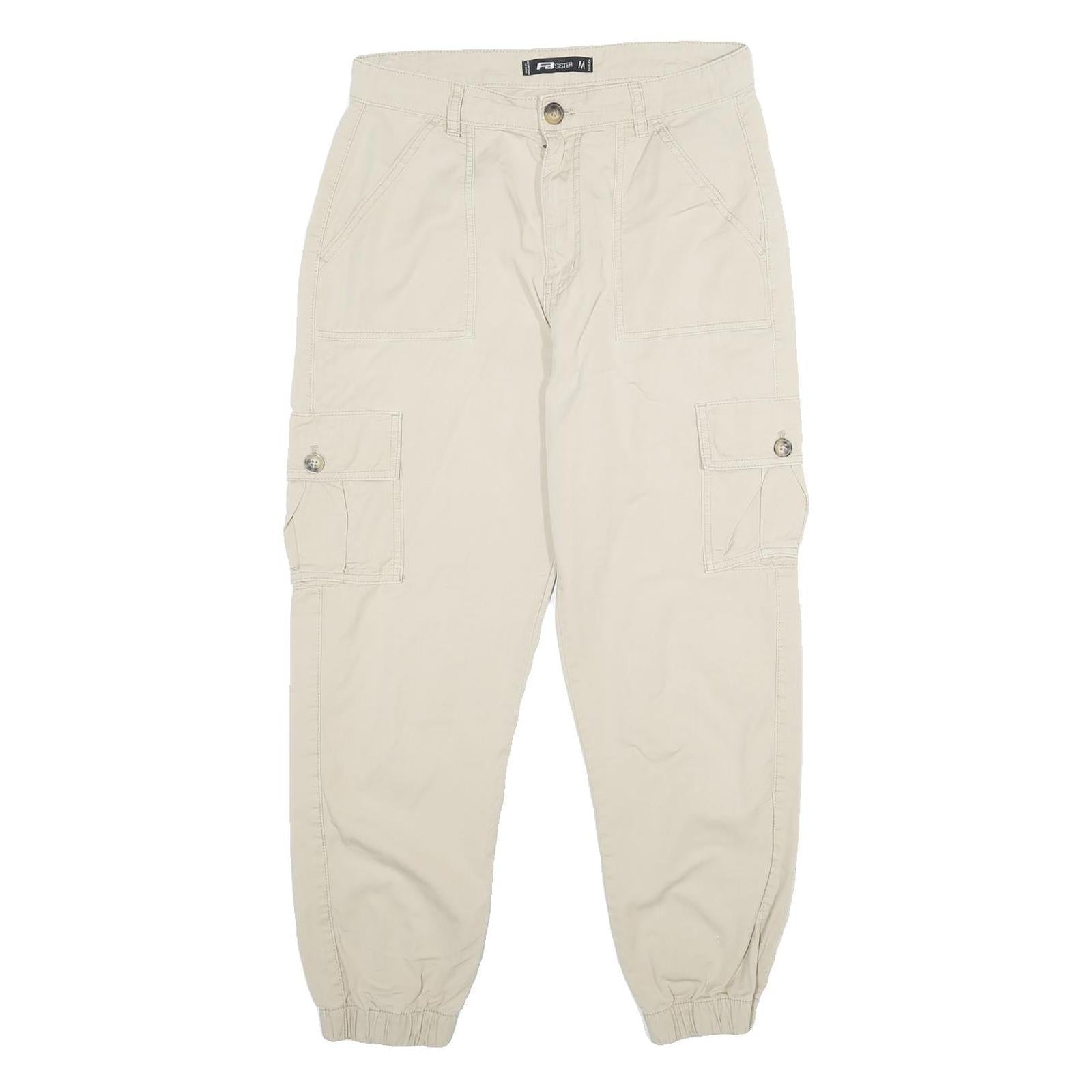 FB SISTER Womens Cotton Beige Casual Regular Fit Cargo Trousers W30 L27 Elastic