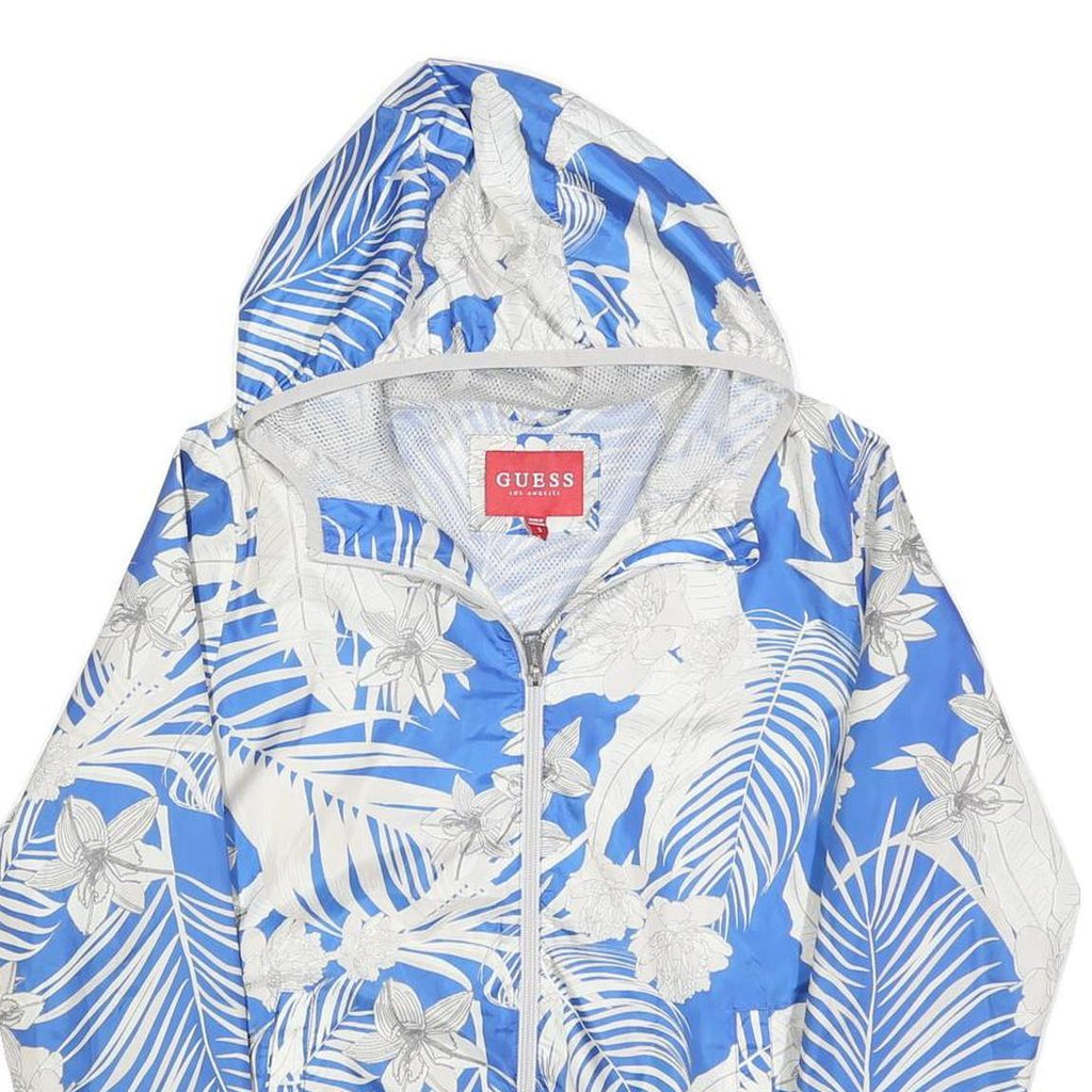 GUESS Womens Blue & White Printed Zip Jacket S Polyester Lightweight Hooded