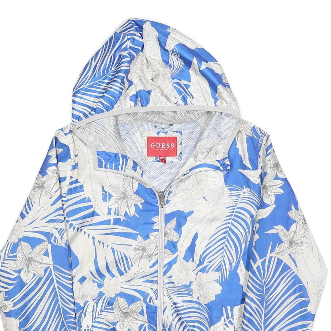 GUESS Womens Blue & White Printed Zip Jacket S Polyester Lightweight Hooded