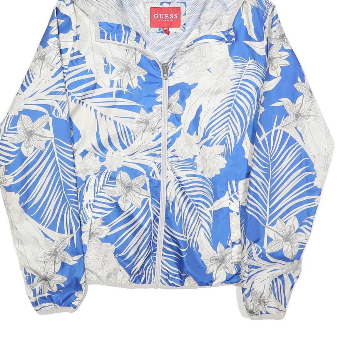 GUESS Womens Blue & White Printed Zip Jacket S Polyester Lightweight Hooded