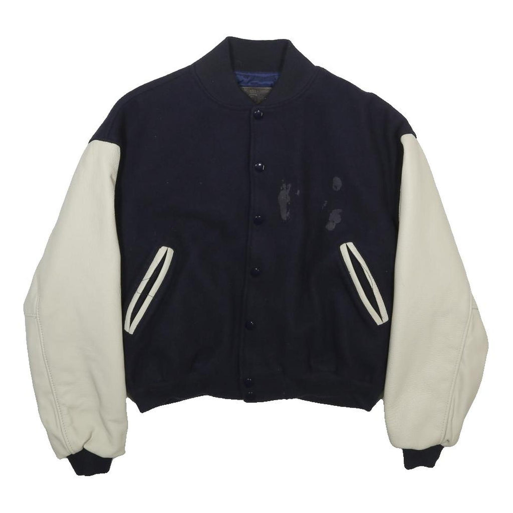 Mike Reynolds Mens Navy & White Wool Blend Button Jacket XS Leather Sleeves
